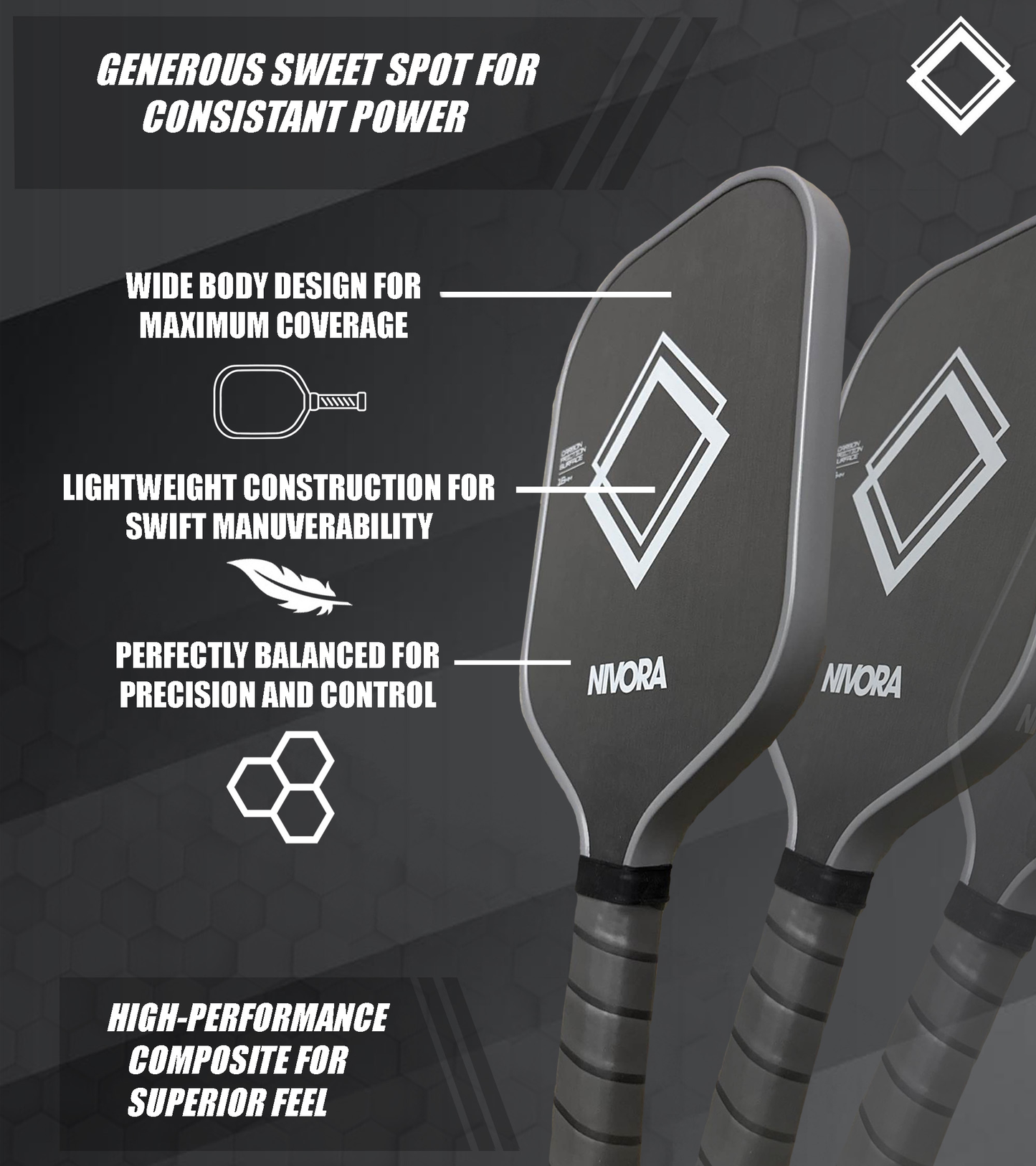 Nivora NV1 Pickleball Paddle – 16mm T700 Raw Carbon Fiber, Elongated Handle