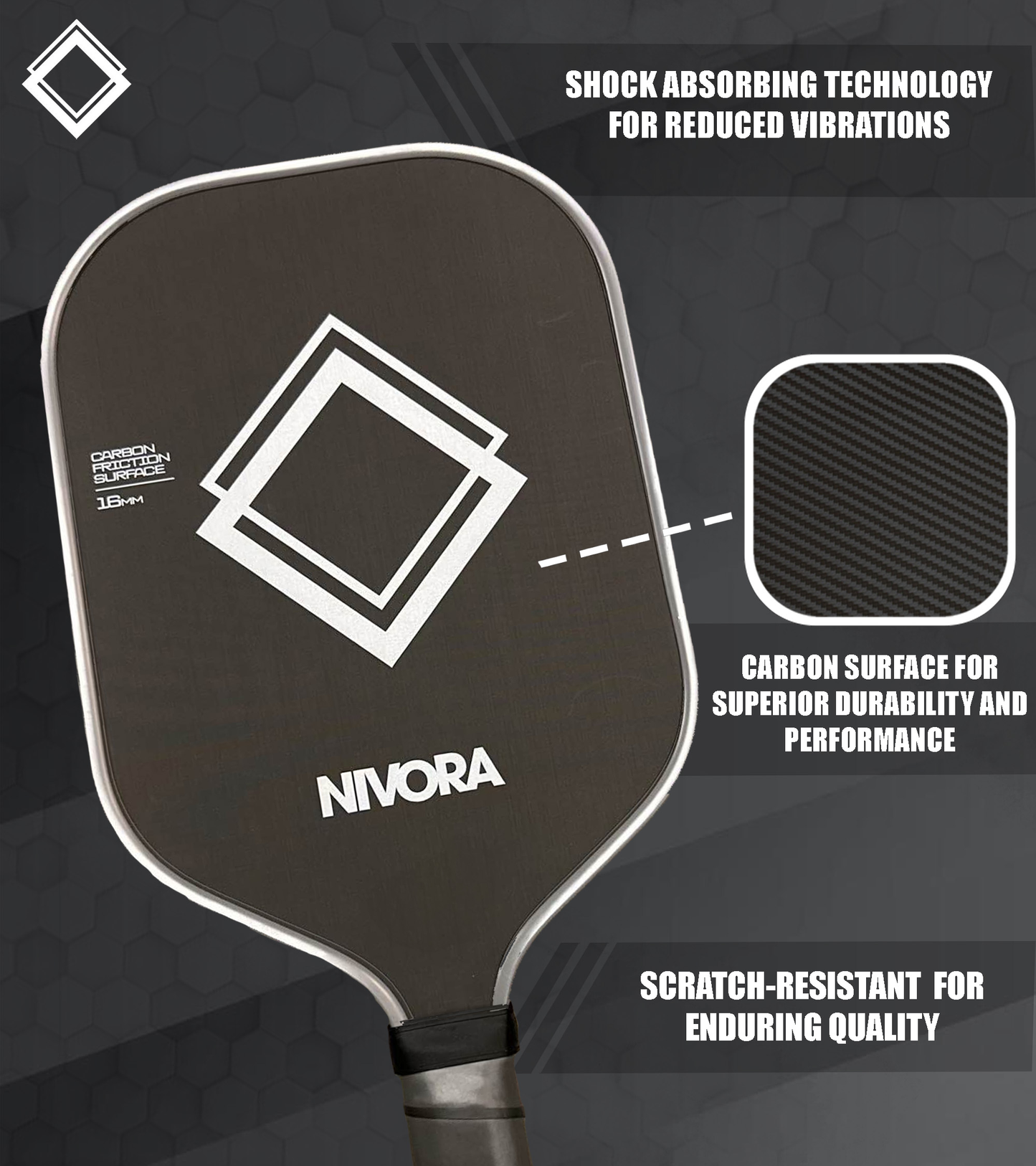 Nivora NV1 Pickleball Paddle – 16mm T700 Raw Carbon Fiber, Elongated Handle