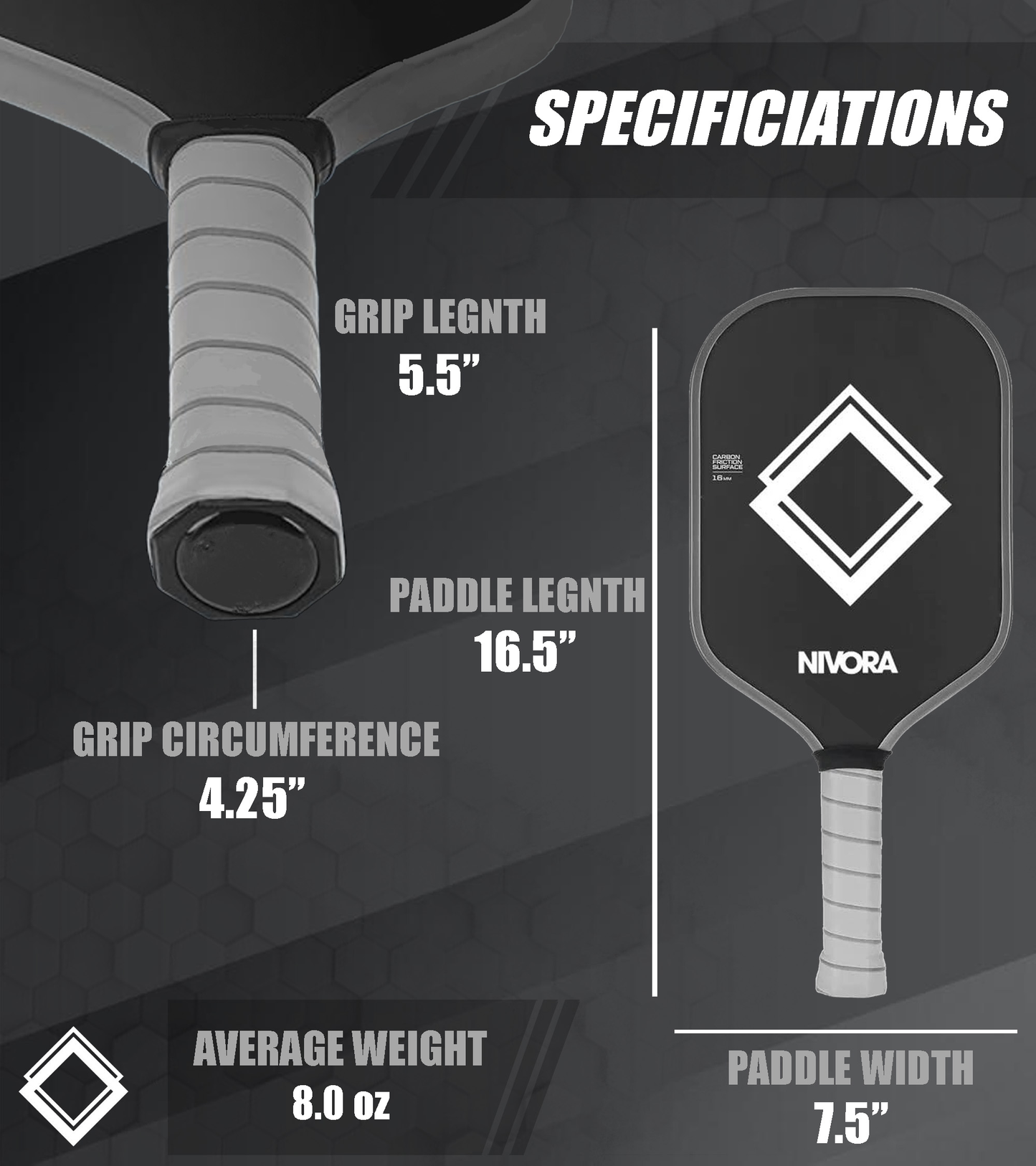 Nivora NV1 Pickleball Paddle – 16mm T700 Raw Carbon Fiber, Elongated Handle